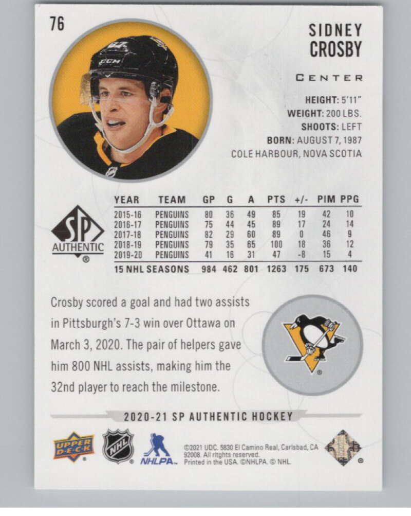 2020-21 SP #76 Sidney Crosby  Pittsburgh Penguins  V100276 Image 2