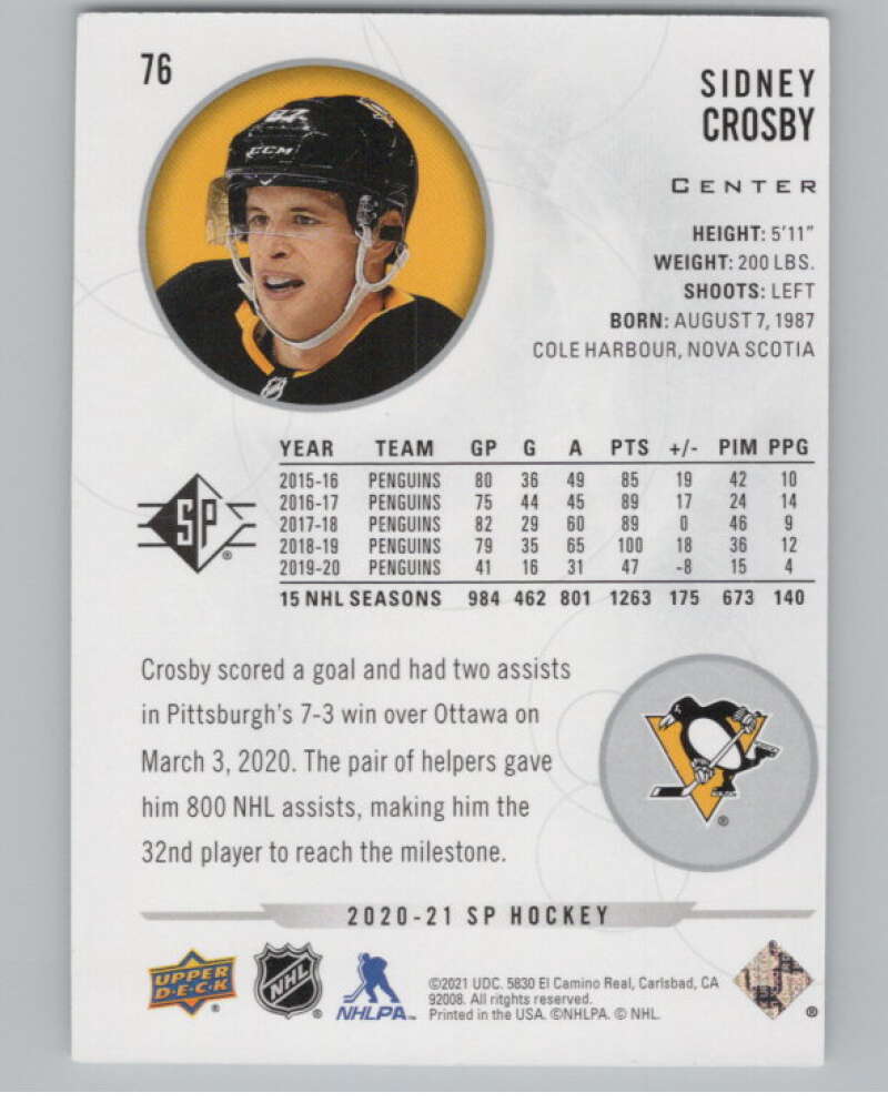 2020-21 SP #76 Sidney Crosby  Pittsburgh Penguins  V100277 Image 2