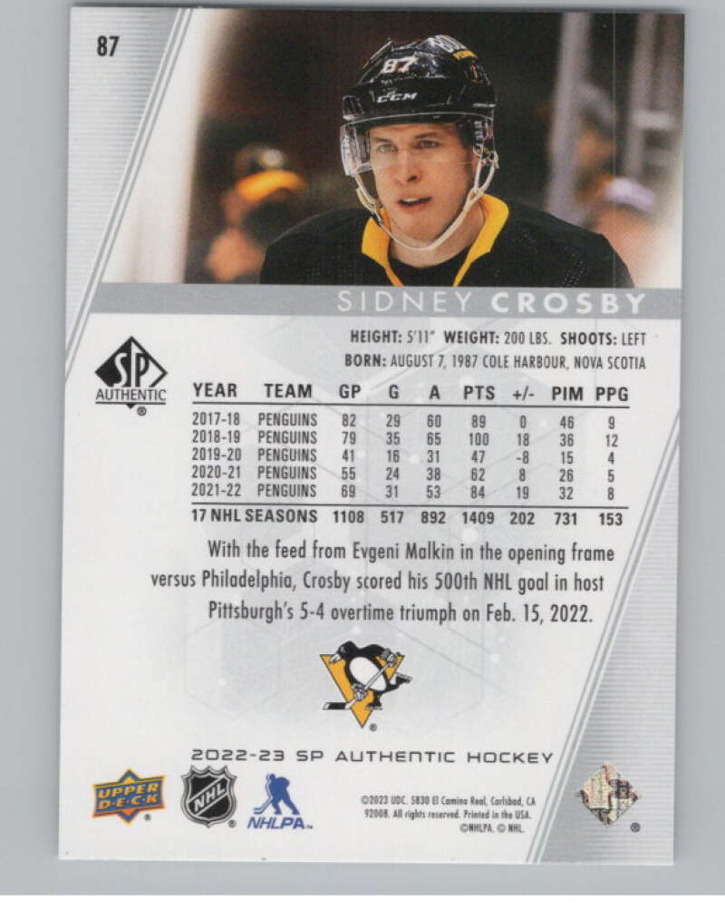 2022-23 SP Authentic #87 Sidney Crosby  Pittsburgh Penguins  V100278 Image 2