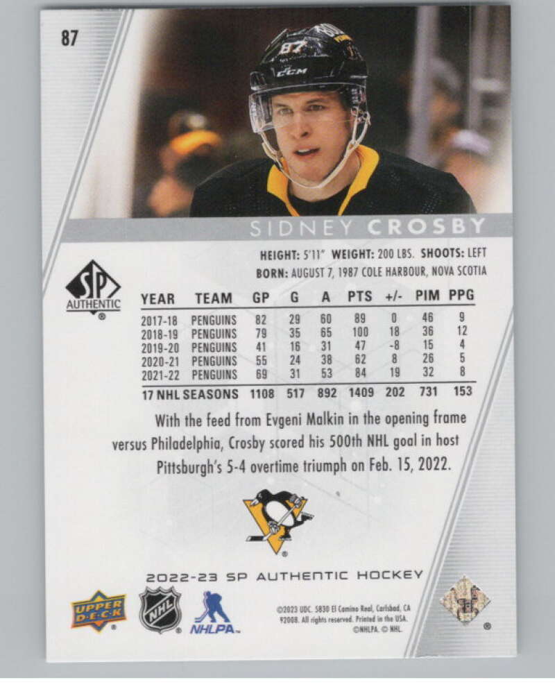 2022-23 SP Authentic #87 Sidney Crosby  Pittsburgh Penguins  V100279 Image 2