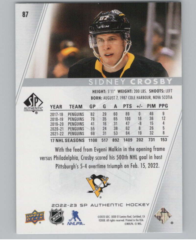 2022-23 SP Authentic #87 Sidney Crosby  Pittsburgh Penguins  V100280 Image 2
