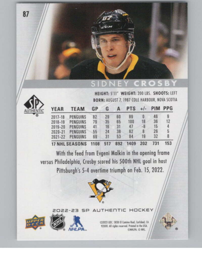 2022-23 SP Authentic #87 Sidney Crosby  Pittsburgh Penguins  V100281 Image 2