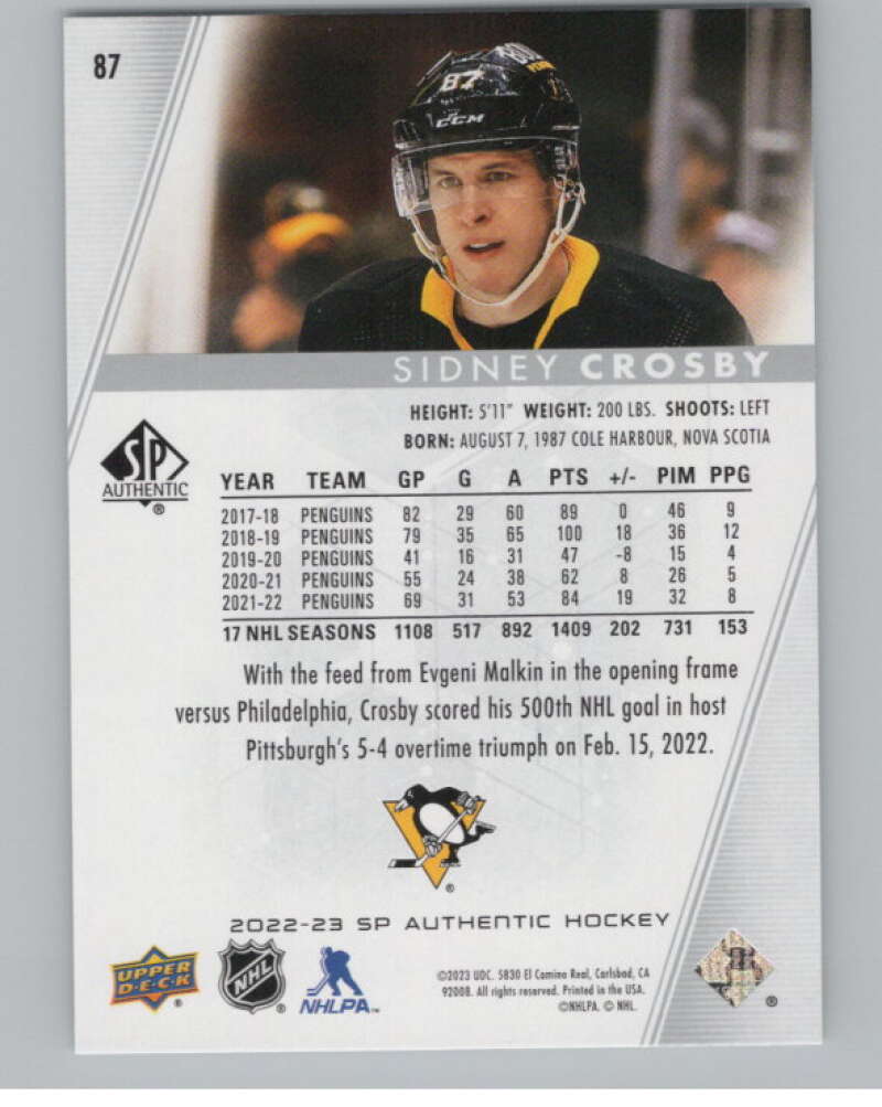 2022-23 SP Authentic #87 Sidney Crosby  Pittsburgh Penguins  V100282 Image 2
