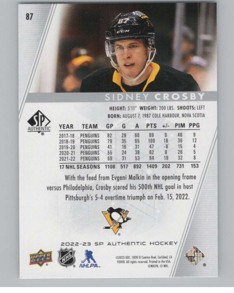 2022-23 SP Authentic #87 Sidney Crosby  Pittsburgh Penguins  V100283 Image 2
