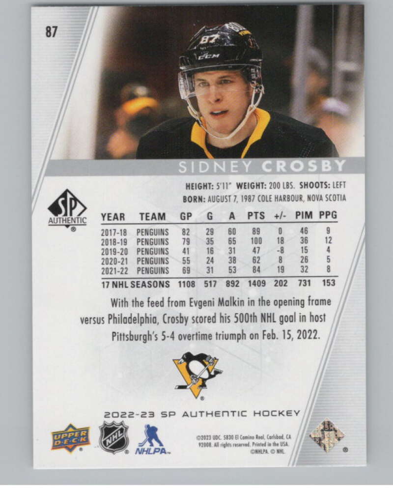 2022-23 SP Authentic #87 Sidney Crosby  Pittsburgh Penguins  V100284 Image 2