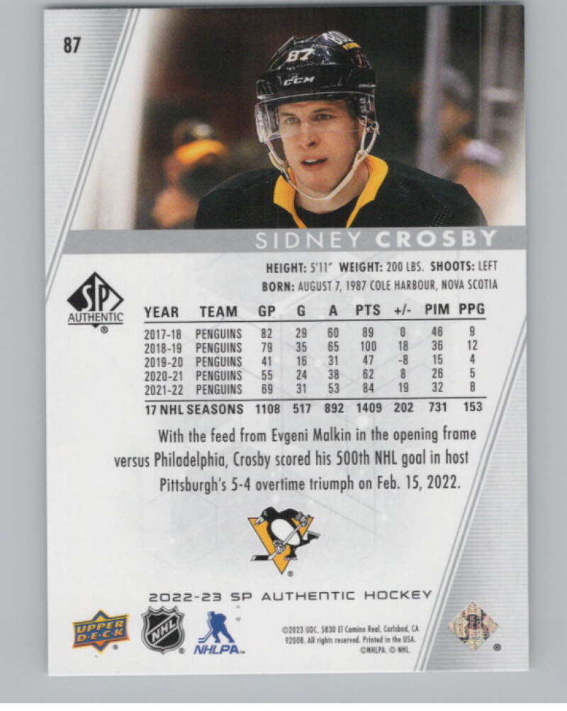 2022-23 SP Authentic #87 Sidney Crosby  Pittsburgh Penguins  V100285 Image 2
