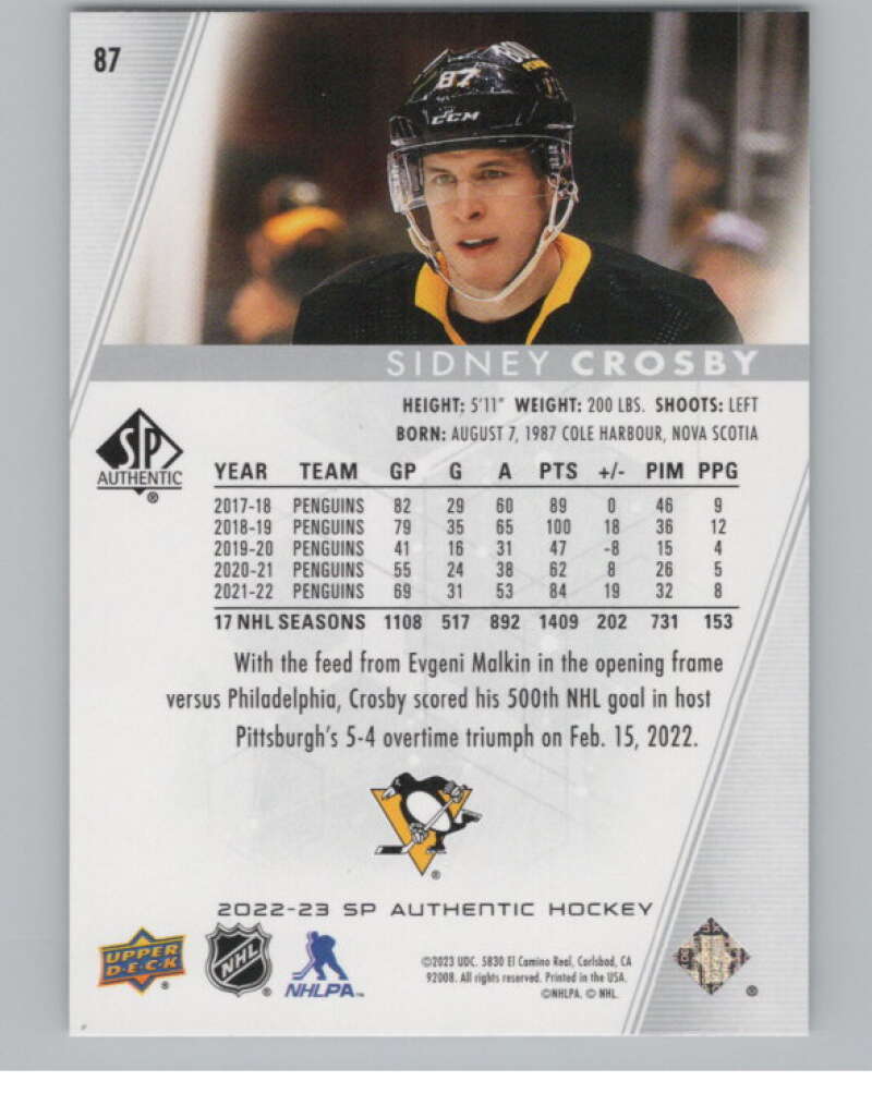 2022-23 SP Authentic #87 Sidney Crosby  Pittsburgh Penguins  V100286 Image 2