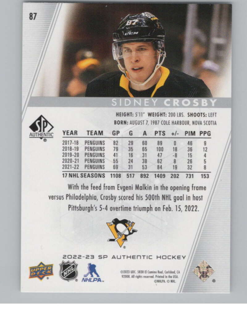 2022-23 SP Authentic #87 Sidney Crosby  Pittsburgh Penguins  V100288 Image 2