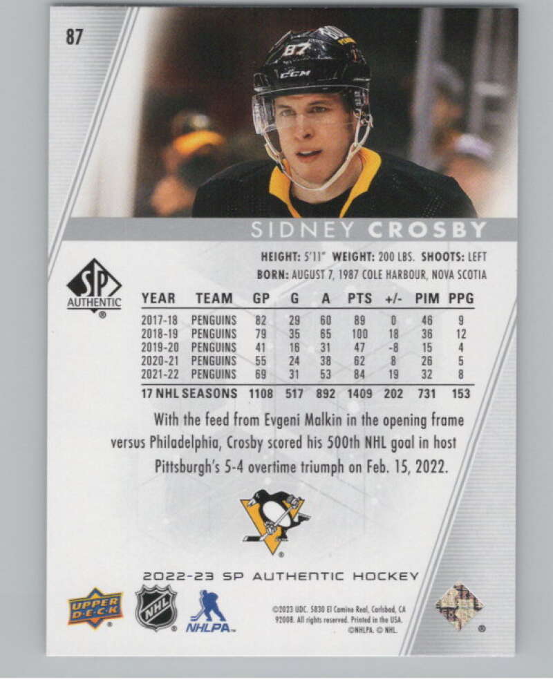 2022-23 SP Authentic #87 Sidney Crosby  Pittsburgh Penguins  V100289 Image 2