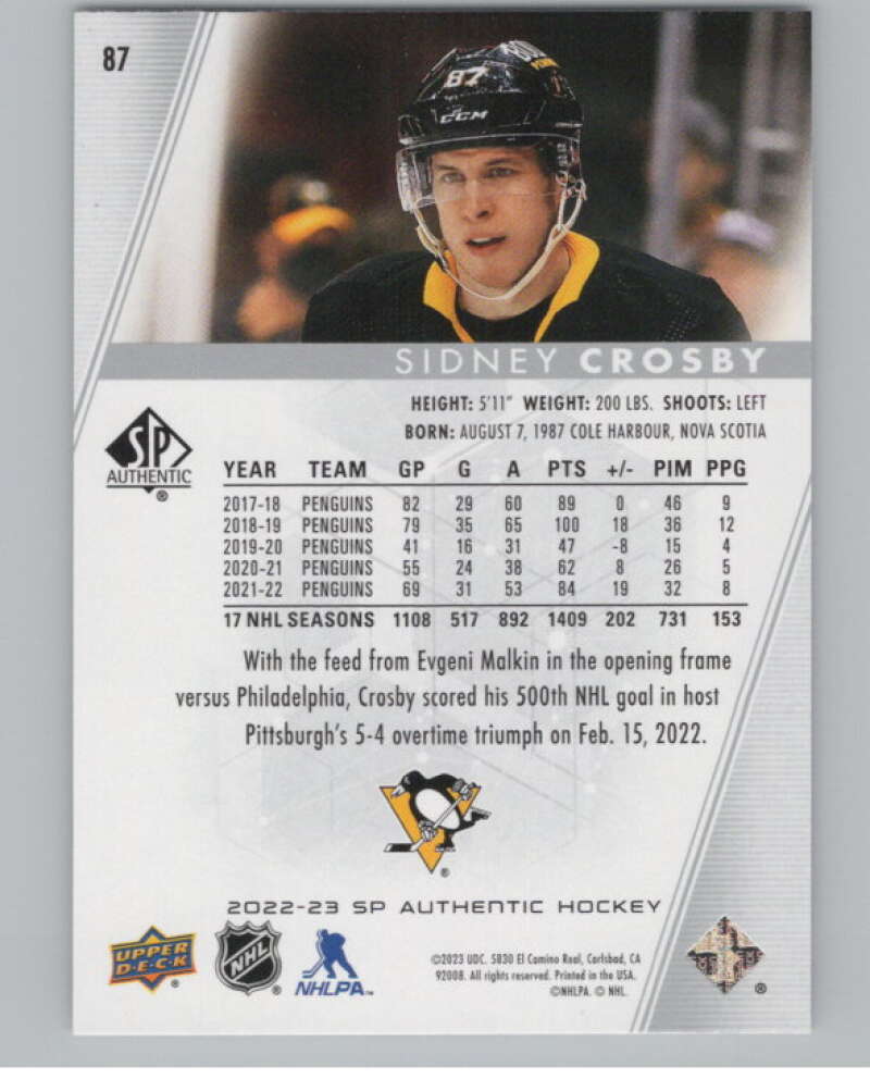 2022-23 SP Authentic #87 Sidney Crosby  Pittsburgh Penguins  V100290 Image 2