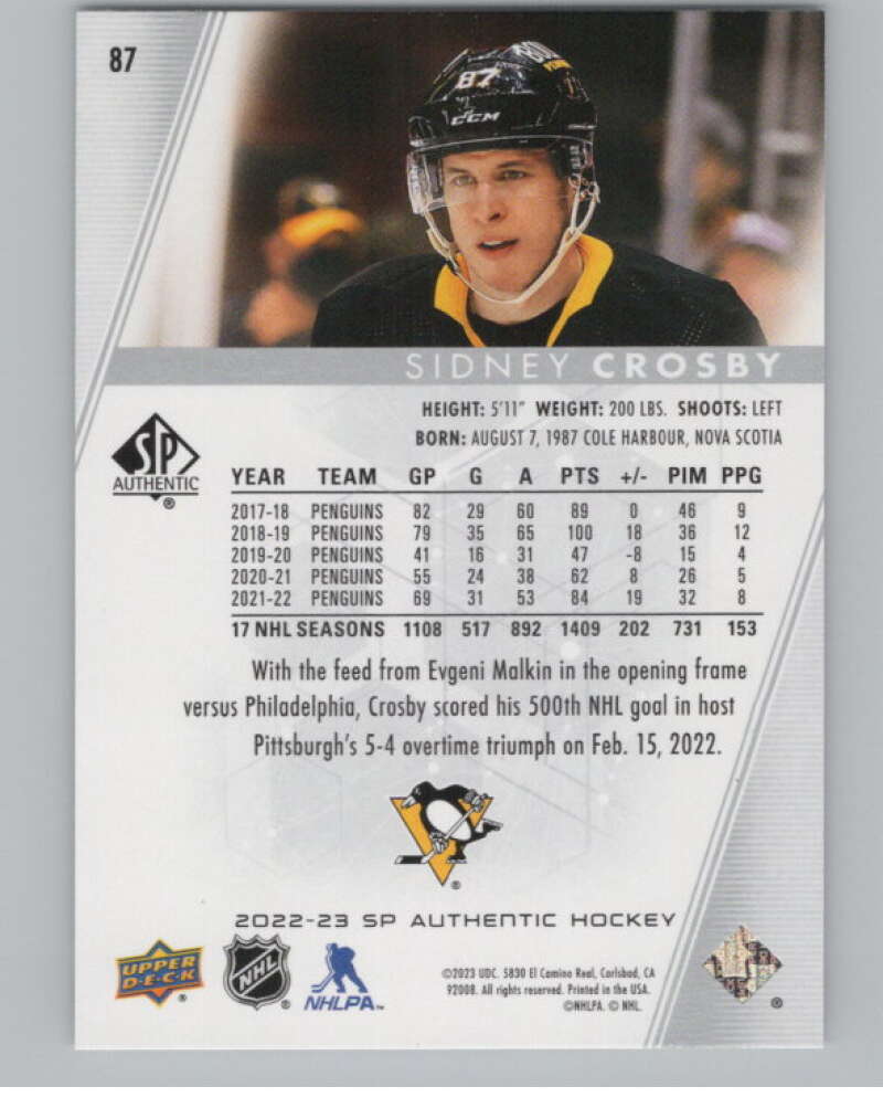 2022-23 SP Authentic #87 Sidney Crosby  Pittsburgh Penguins  V100291 Image 2
