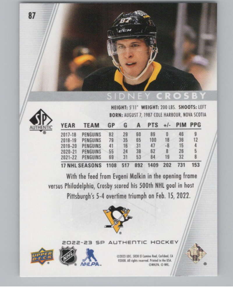 2022-23 SP Authentic #87 Sidney Crosby  Pittsburgh Penguins  V100292 Image 2