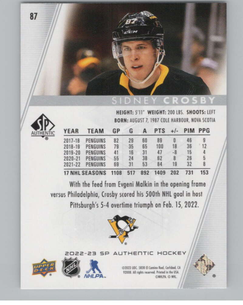 2022-23 SP Authentic #87 Sidney Crosby  Pittsburgh Penguins  V100293 Image 2