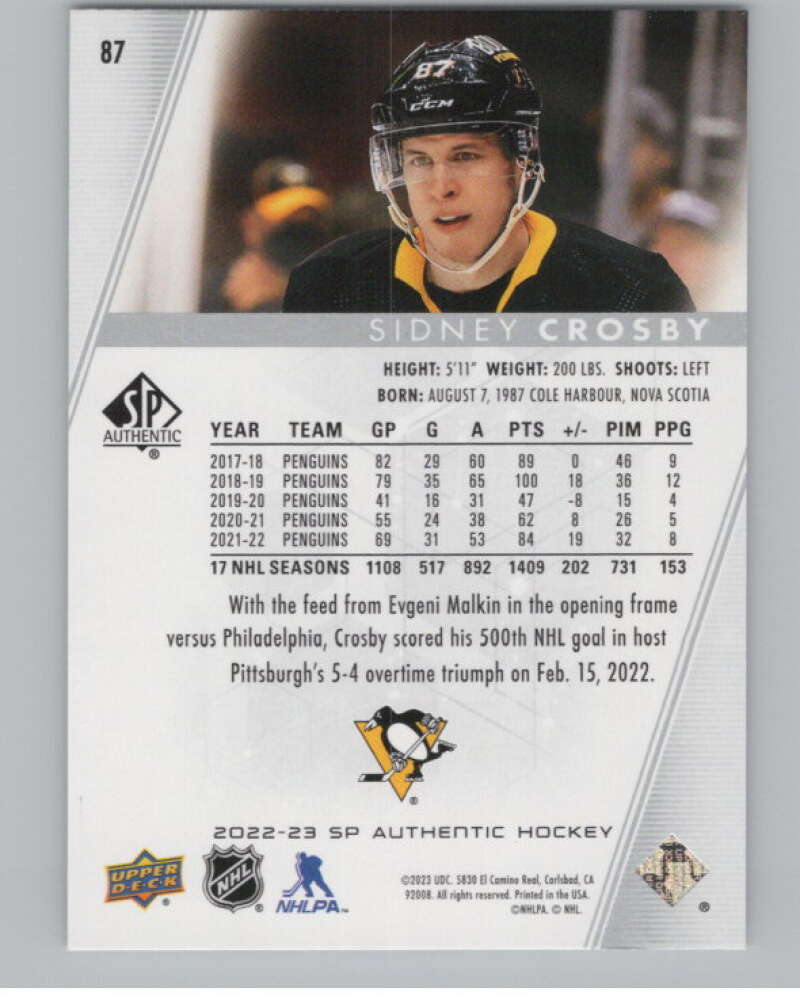 2022-23 SP Authentic #87 Sidney Crosby  Pittsburgh Penguins  V100294 Image 2