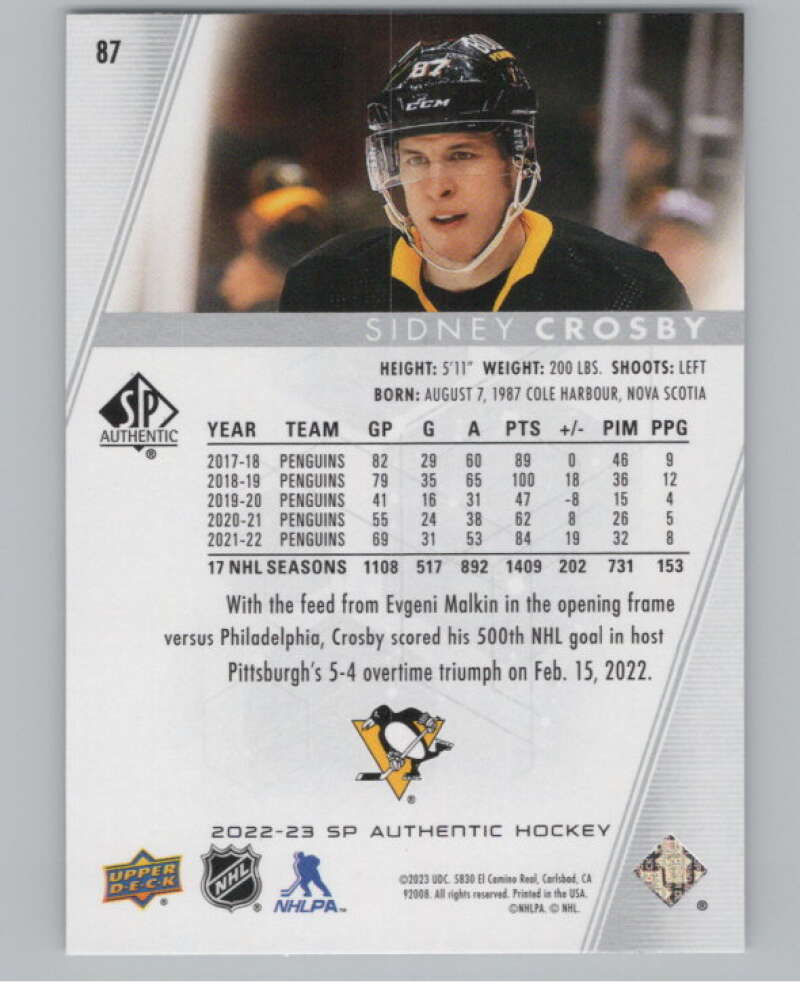 2022-23 SP Authentic #87 Sidney Crosby  Pittsburgh Penguins  V100295 Image 2