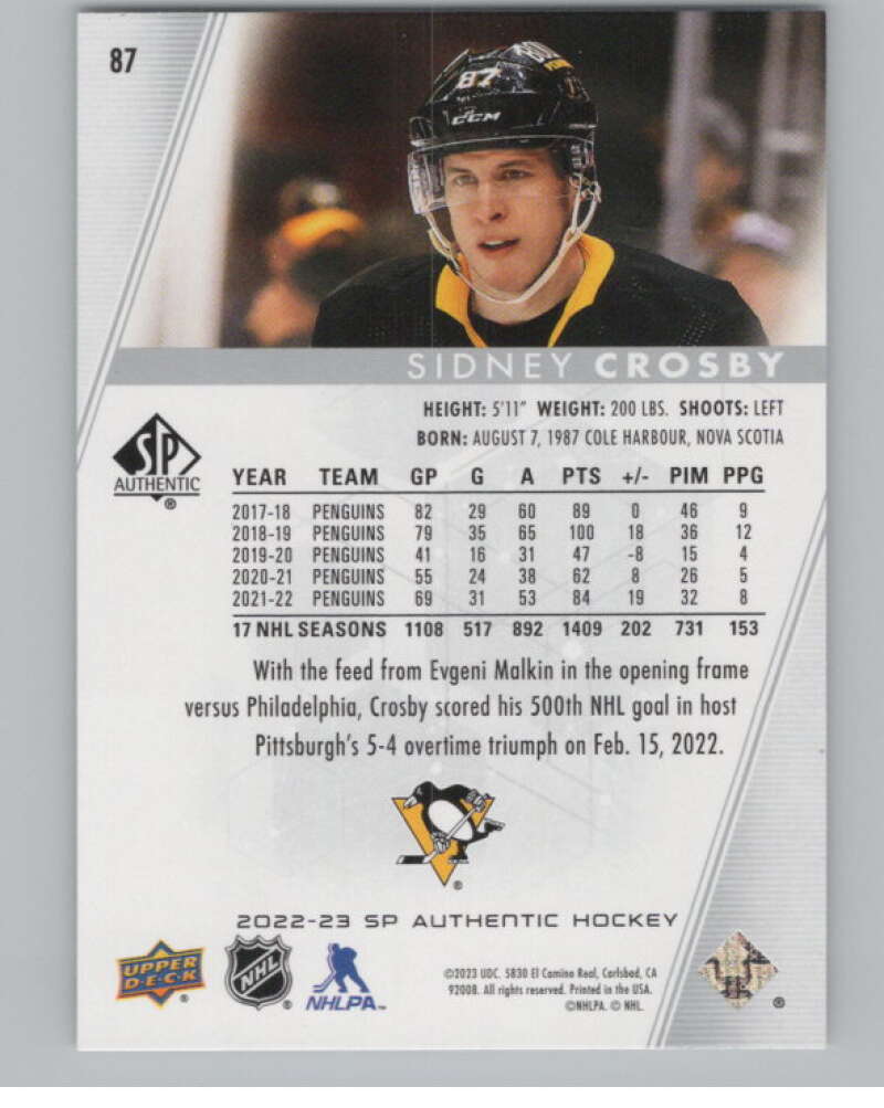 2022-23 SP Authentic #87 Sidney Crosby  Pittsburgh Penguins  V100296 Image 2