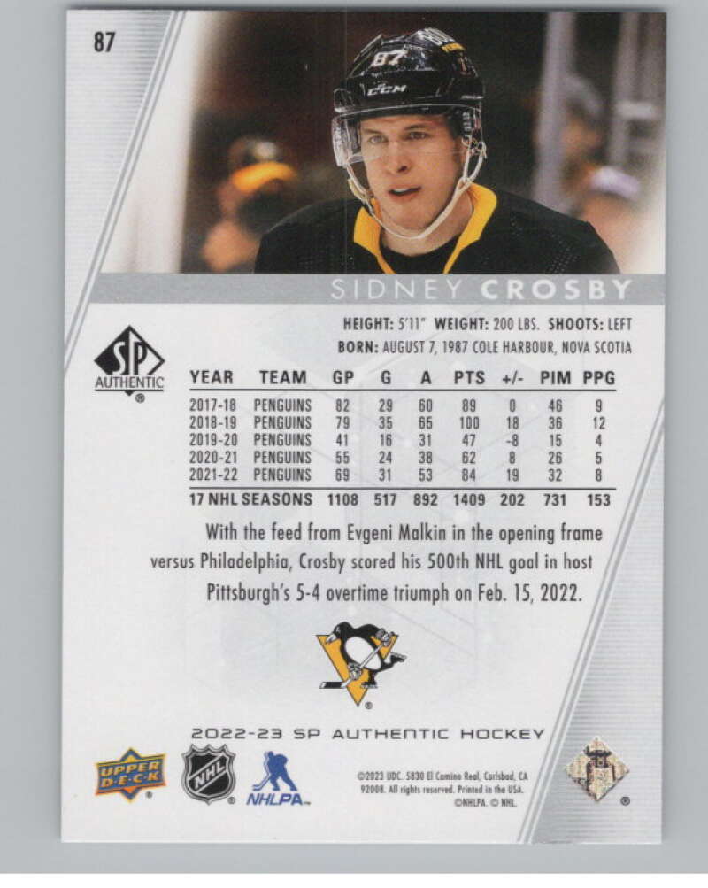 2022-23 SP Authentic #87 Sidney Crosby  Pittsburgh Penguins  V100297 Image 2