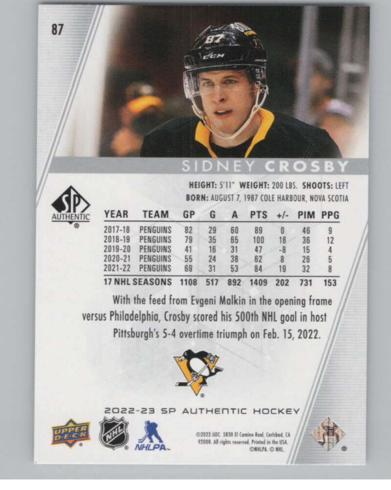 2022-23 SP Authentic #87 Sidney Crosby  Pittsburgh Penguins  V100298 Image 2