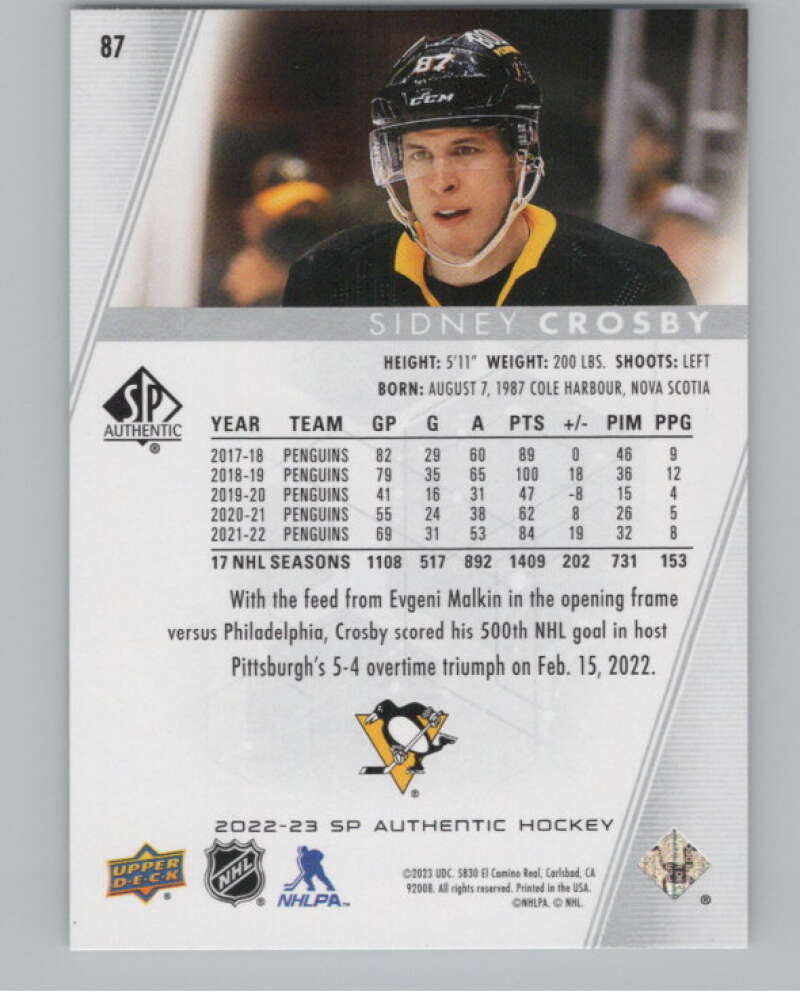 2022-23 SP Authentic #87 Sidney Crosby  Pittsburgh Penguins  V100299 Image 2