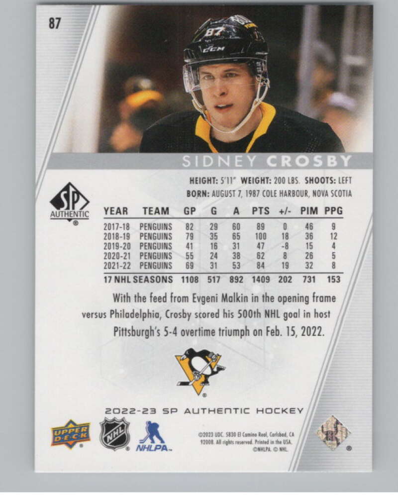 2022-23 SP Authentic #87 Sidney Crosby  Pittsburgh Penguins  V100300 Image 2