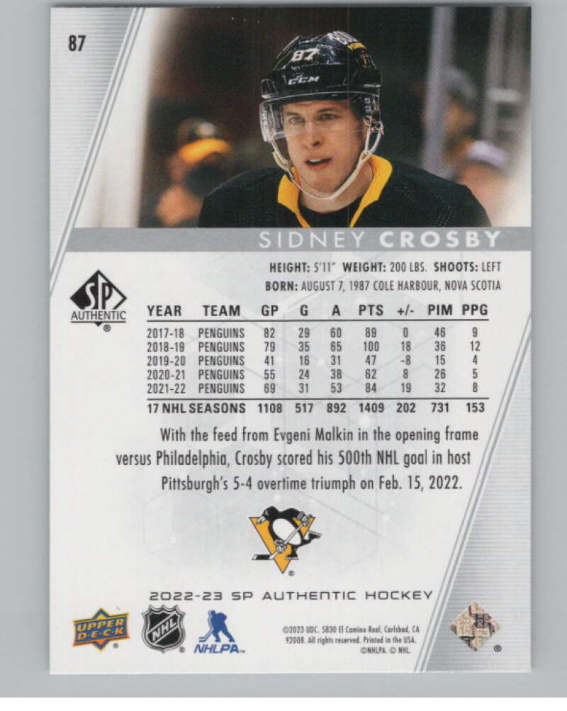 2022-23 SP Authentic #87 Sidney Crosby  Pittsburgh Penguins  V100301 Image 2