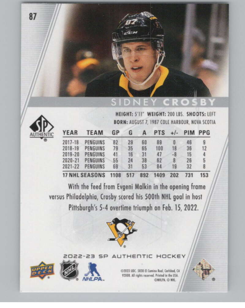 2022-23 SP Authentic #87 Sidney Crosby  Pittsburgh Penguins  V100302 Image 2