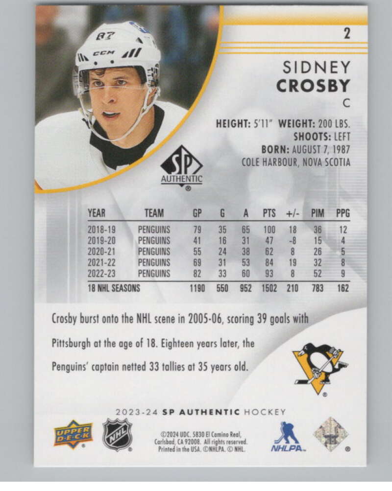 2023-24 SP Authentic #2 Sidney Crosby  Pittsburgh Penguins  V100310 Image 2
