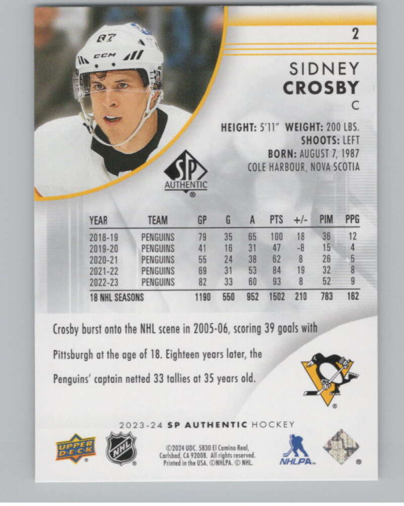 2023-24 SP Authentic #2 Sidney Crosby  Pittsburgh Penguins  V100311 Image 2