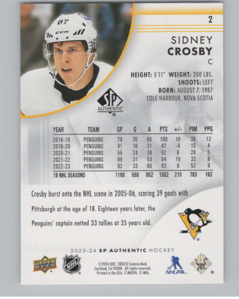 2023-24 SP Authentic #2 Sidney Crosby  Pittsburgh Penguins  V100313 Image 2