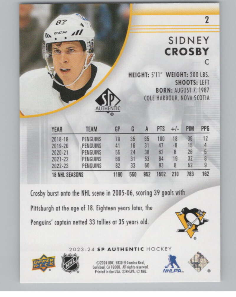 2023-24 SP Authentic #2 Sidney Crosby  Pittsburgh Penguins  V100315 Image 2