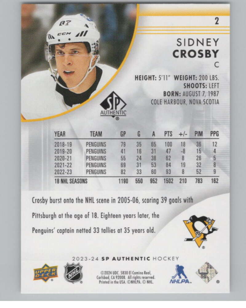 2023-24 SP Authentic #2 Sidney Crosby  Pittsburgh Penguins  V100316 Image 2
