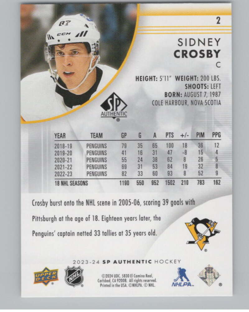 2023-24 SP Authentic #2 Sidney Crosby  Pittsburgh Penguins  V100318 Image 2