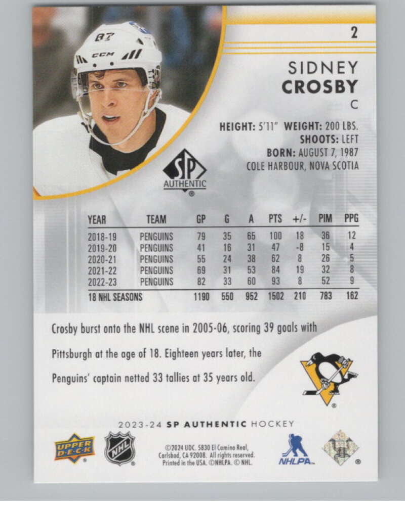 2023-24 SP Authentic #2 Sidney Crosby  Pittsburgh Penguins  V100321 Image 2