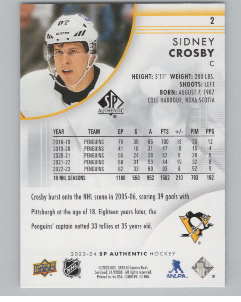 2023-24 SP Authentic #2 Sidney Crosby  Pittsburgh Penguins  V100325 Image 2
