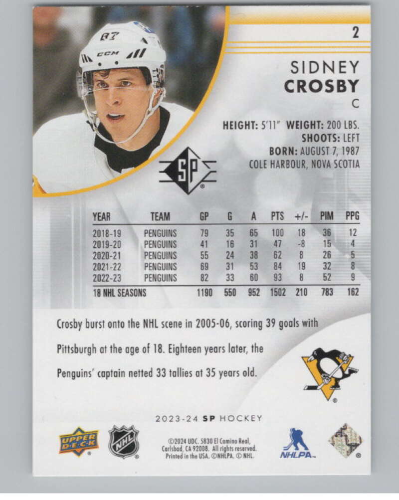 2023-24 SP Authentic #2 Sidney Crosby  Pittsburgh Penguins  V100327 Image 2