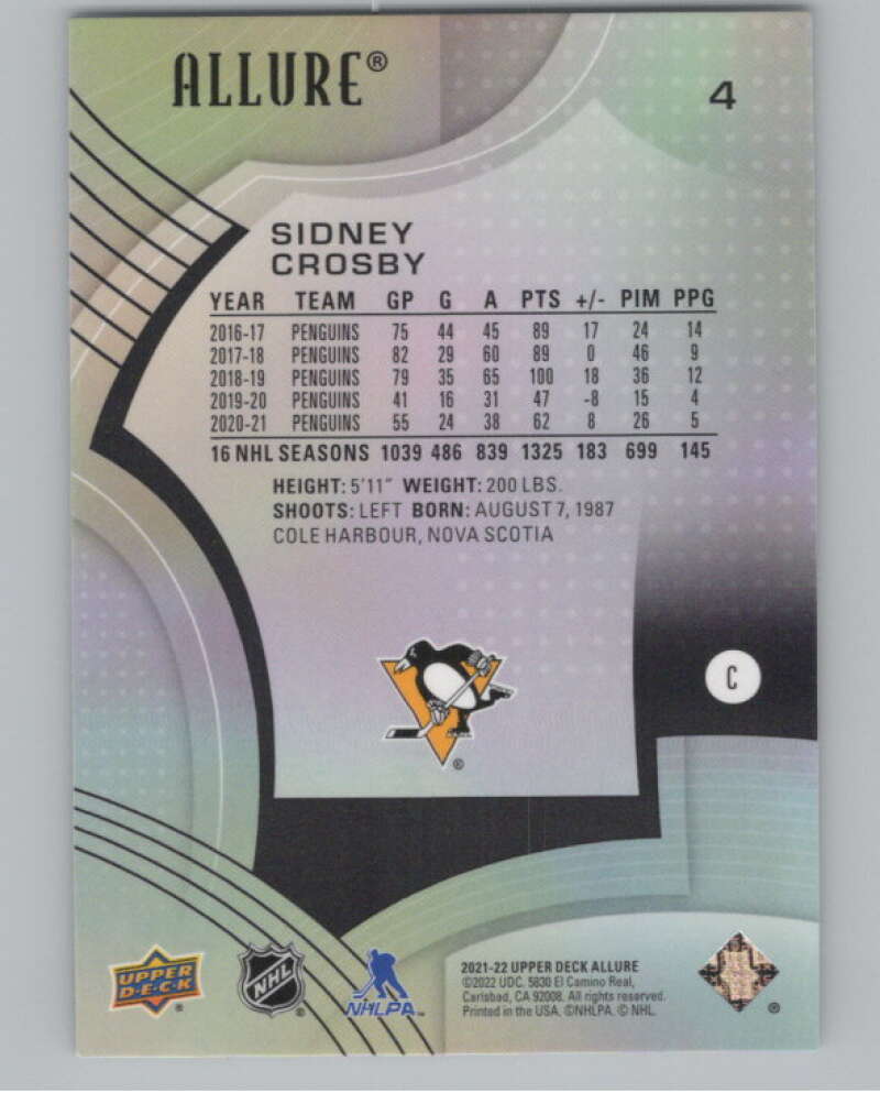 2021-22 Upper Deck Allure #4 Sidney Crosby  Pittsburgh Penguins  V100358 Image 2