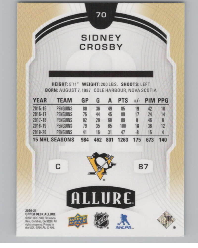 2020-21 Upper Deck Allure #70 Sidney Crosby  Pittsburgh Penguins  V100368 Image 2