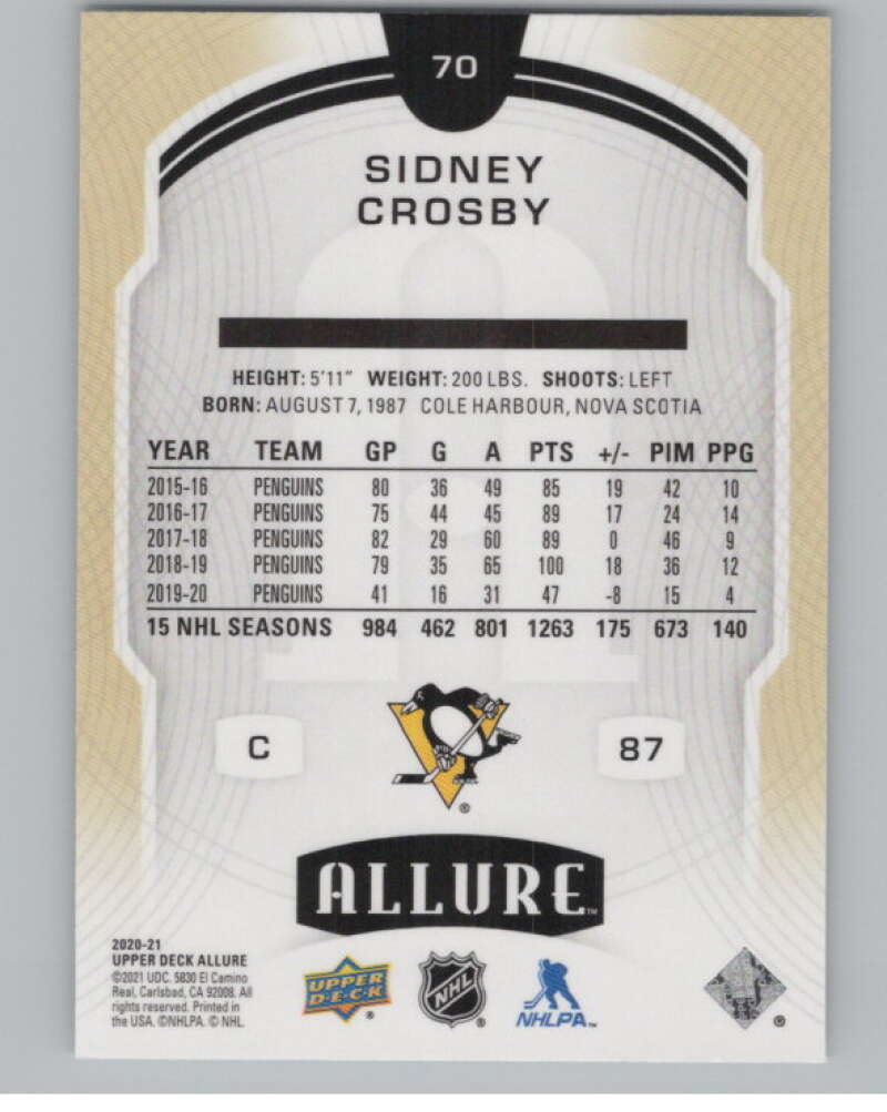 2020-21 Upper Deck Allure #70 Sidney Crosby  Pittsburgh Penguins  V100370 Image 2