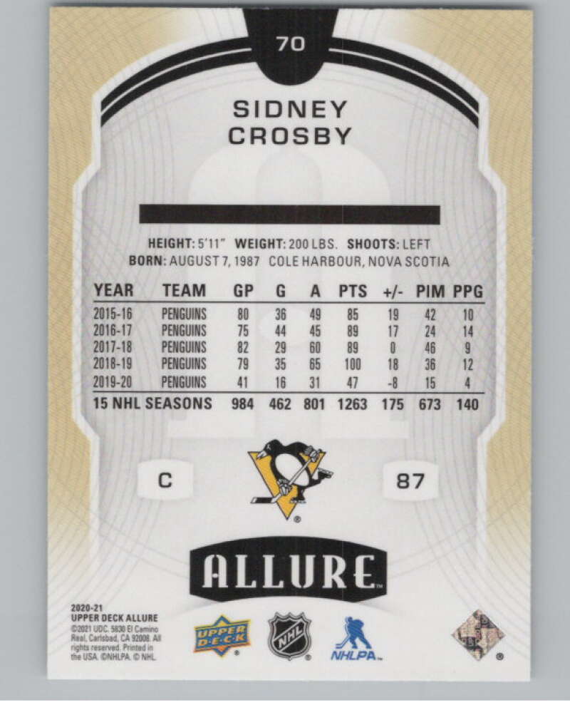 2020-21 Upper Deck Allure #70 Sidney Crosby  Pittsburgh Penguins  V100372 Image 2
