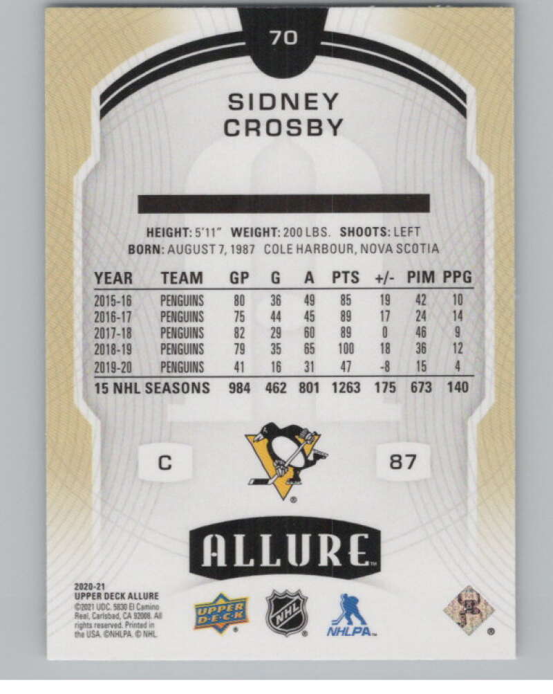 2020-21 Upper Deck Allure #70 Sidney Crosby  Pittsburgh Penguins  V100373 Image 2