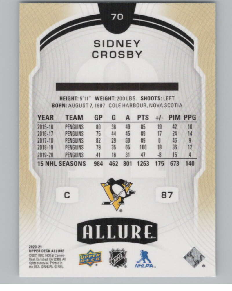 2020-21 Upper Deck Allure #70 Sidney Crosby  Pittsburgh Penguins  V100375 Image 2