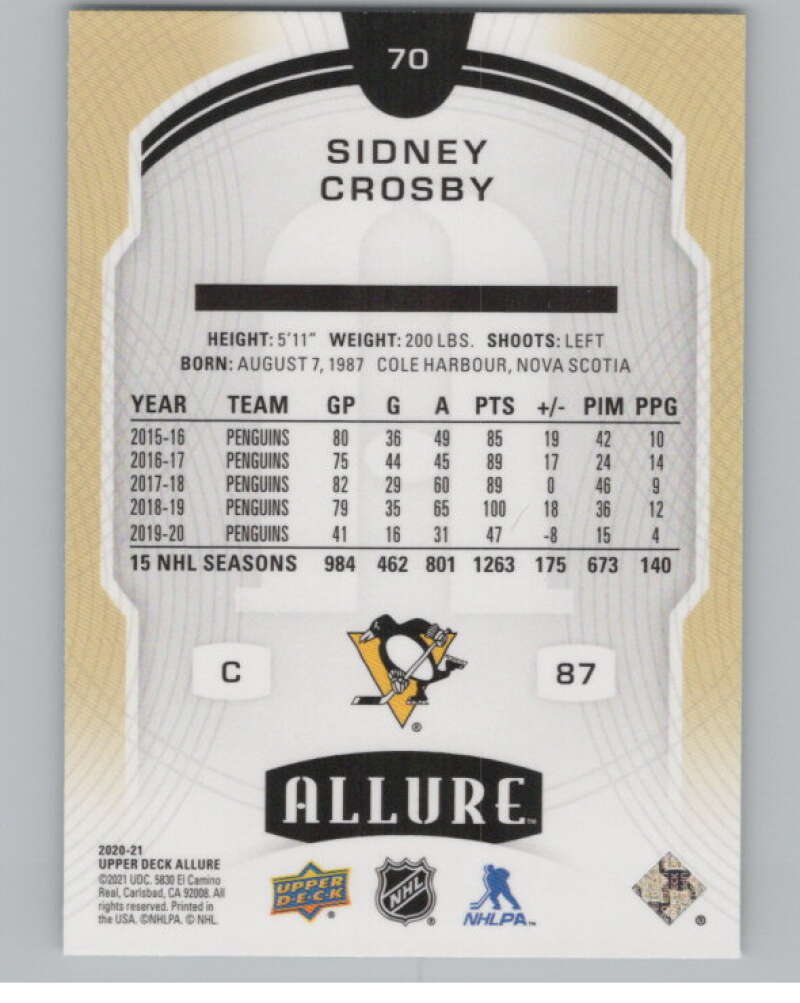 2020-21 Upper Deck Allure #70 Sidney Crosby  Pittsburgh Penguins  V100376 Image 2