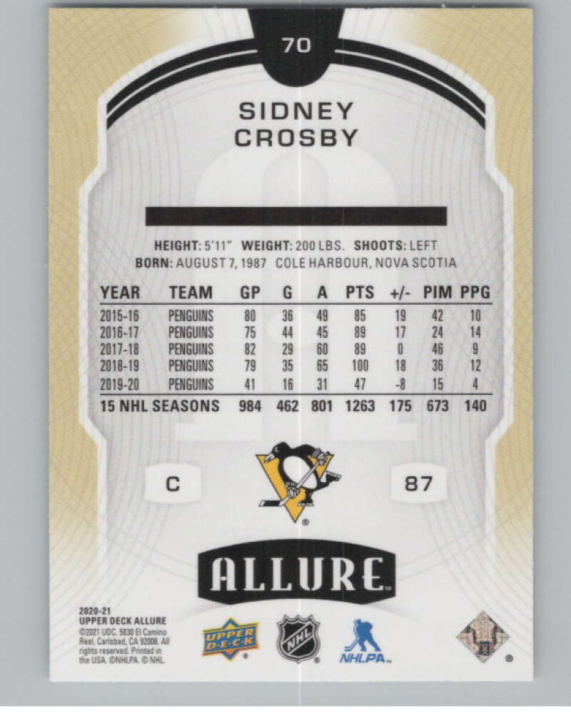 2020-21 Upper Deck Allure #70 Sidney Crosby  Pittsburgh Penguins  V100378 Image 2