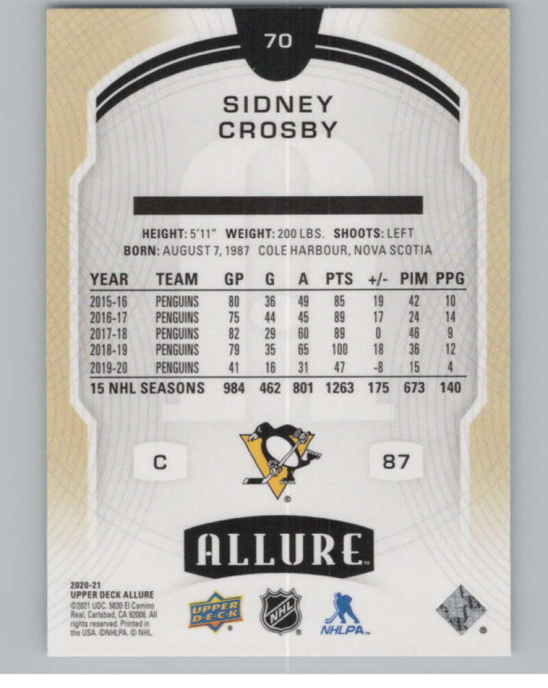 2020-21 Upper Deck Allure #70 Sidney Crosby  Pittsburgh Penguins  V100379 Image 2