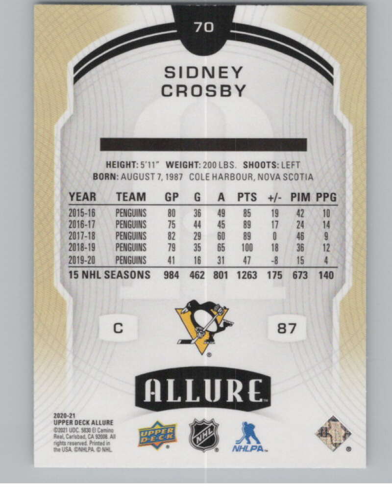 2020-21 Upper Deck Allure #70 Sidney Crosby  Pittsburgh Penguins  V100380 Image 2