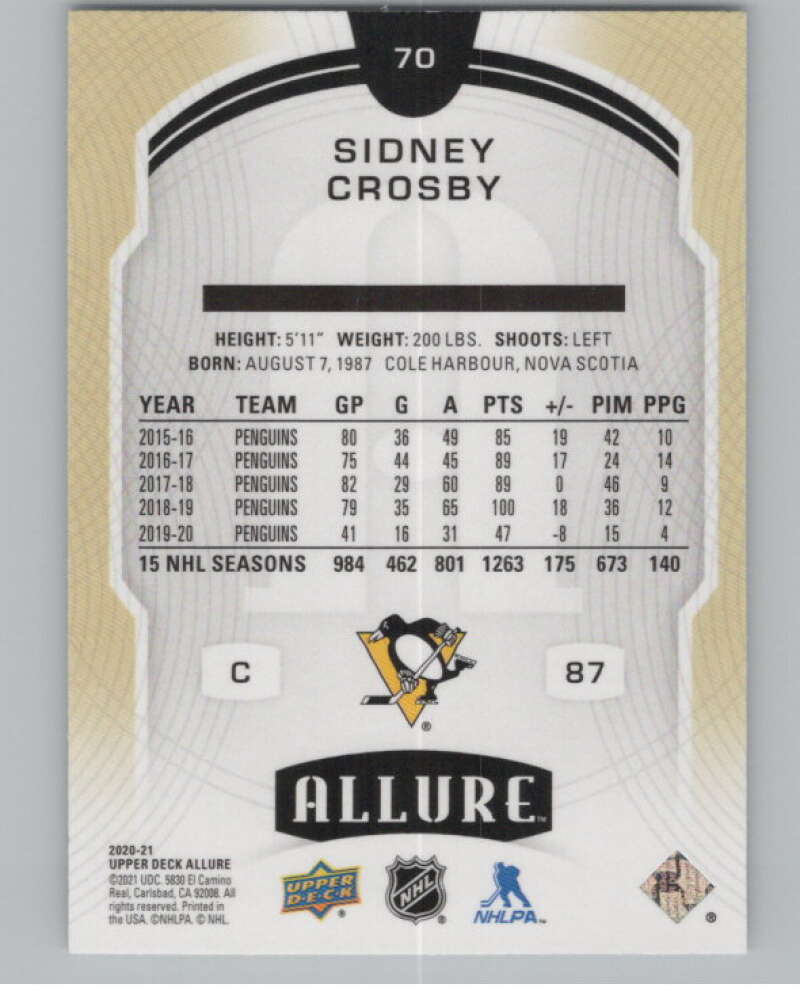 2020-21 Upper Deck Allure #70 Sidney Crosby  Pittsburgh Penguins  V100381 Image 2