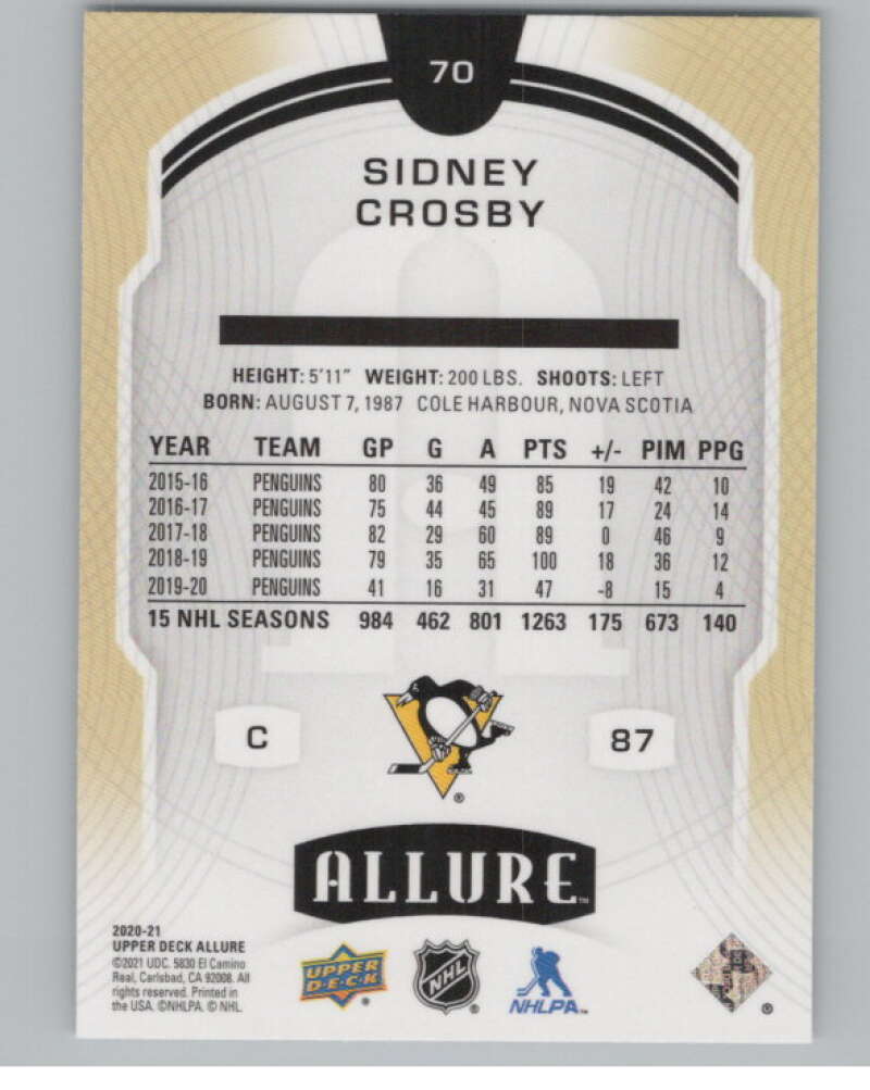 2020-21 Upper Deck Allure #70 Sidney Crosby  Pittsburgh Penguins  V100384 Image 2