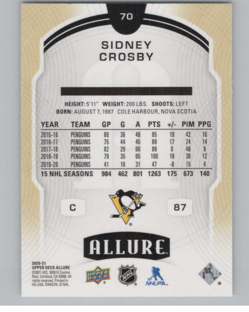 2020-21 Upper Deck Allure #70 Sidney Crosby  Pittsburgh Penguins  V100386 Image 2