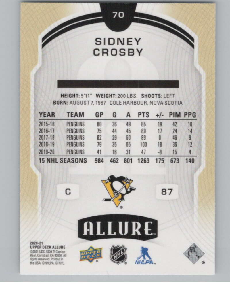 2020-21 Upper Deck Allure #70 Sidney Crosby  Pittsburgh Penguins  V100387 Image 2