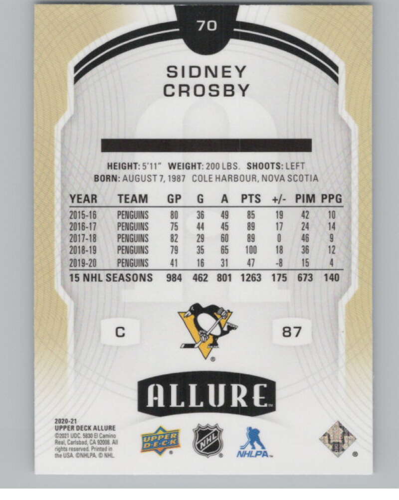 2020-21 Upper Deck Allure #70 Sidney Crosby  Pittsburgh Penguins  V100388 Image 2